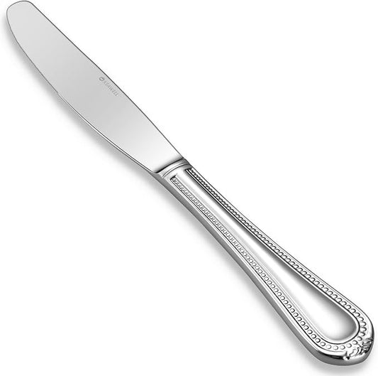 KEAWELL Pearl Edge 4-Piece Premium Dinner Knives: Stainless Steel Table Knives with a Refined Bead Design, Brightly Polished, 9.6 Inches, Dishwasher Safe. (Silver)