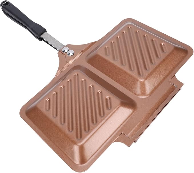 BAFOVY Sandwich Press Pan, Double Sided Non Stick Grilled Stovetop Panini Maker, Square Iron Design, for Home Kitchen (Gold)