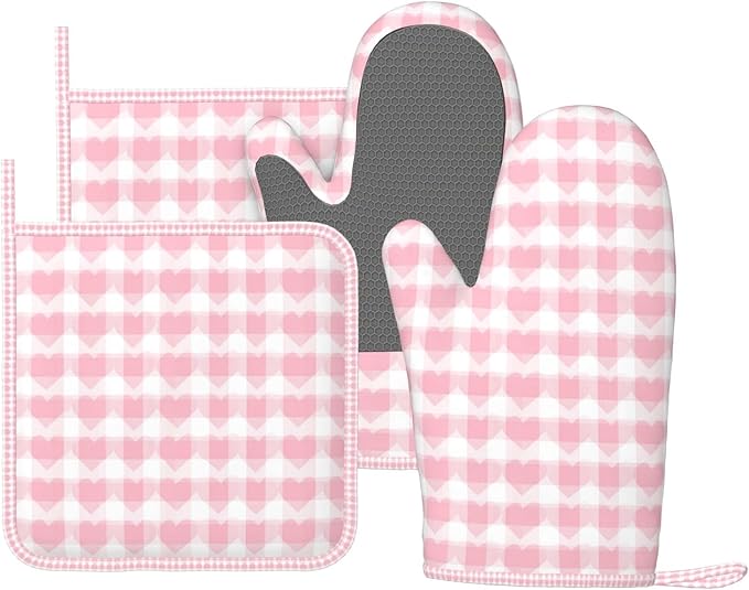 Oven Mitts and Pot Holders Pink Plaid Heart Pattern Silicone Kitchen Accessories Set of 4 Heat Resistant Long Gloves Potholder Non-Slip Grip for Chef Cooking Baking Grilling BBQ