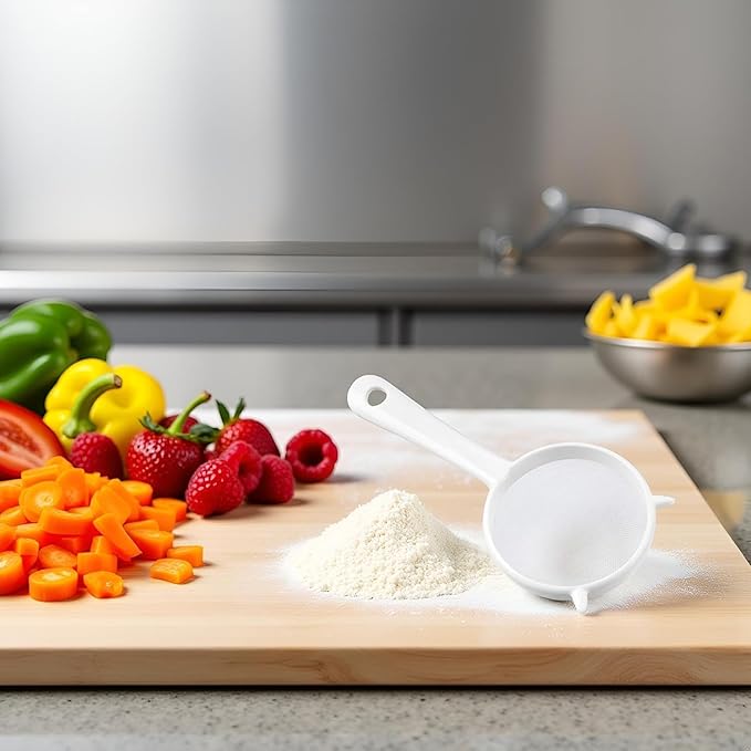 Small White Plastic Mesh Kitchen Sifter, Strainer Colander with Handle for Tea, Pasta, Flour, Rice, Fruits, Vegetables, Food Strainers