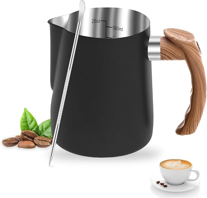 Milk Frothing Pitcher, 20oz/600ml Stainless Steel Milk Frother Cup Measurement, Barista Espresso Steaming Jug with Coffee Art Pen and Ergonomic Handle for Cappuccino Latte Art(black,600ml)