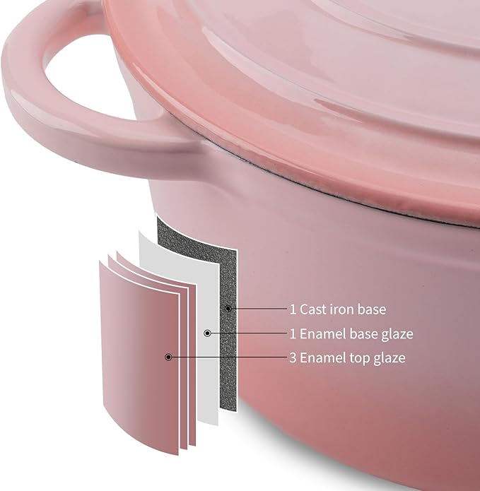 WOKINS Enameled Cast Iron Dutch Oven Pot with Lid Heavy-Duty Cookware for Bread Baking,Braising,Stews,Roasting,Oven Safe up to 500°F,4QT,pink