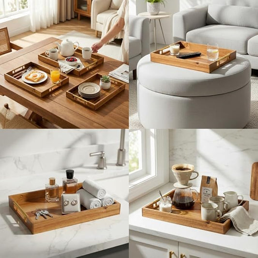 3 Pcs Acacia Wood Serving Trays with Golden Steel Handles 18", 16" & 14" with 6 Coasters - for Coffee Table, Ottoman in Living Room, Breakfast in Bed, Jewelry, Decorative, BBQ, Charcuterie