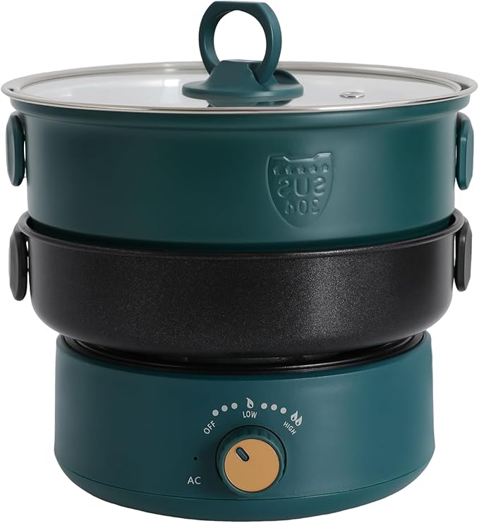 Multifunctional Electric Cooker，500W 110V Folding Portable Multi-Functional Non-Stick Split Electric Hot Pot,1.6L Mini Ramen Cooker for Pasta, Soup, Oatmeal Steak, Eggs StirFrying (green)