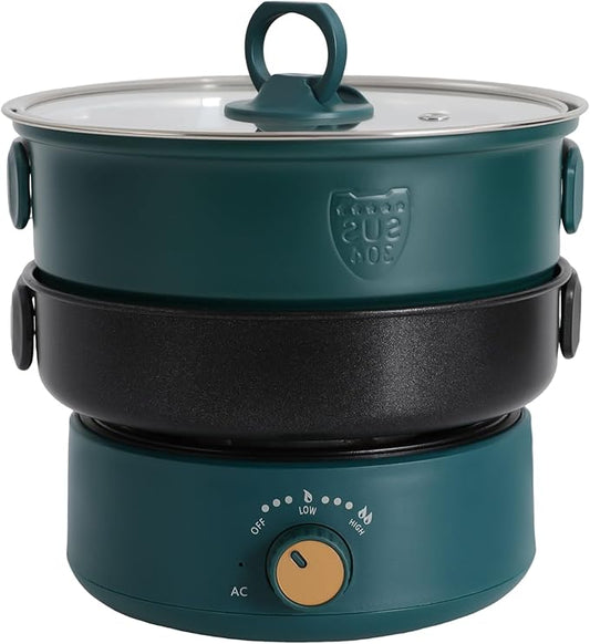 Multifunctional Electric Cooker，500W 110V Folding Portable Multi-Functional Non-Stick Split Electric Hot Pot,1.6L Mini Ramen Cooker for Pasta, Soup, Oatmeal Steak, Eggs StirFrying (green)