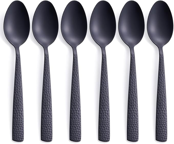 Matte Black Dinner Spoon Set of 6, FULLYWARE 8.0 inches Stainless Steel Black Spoon Silverware, Satin Finish.