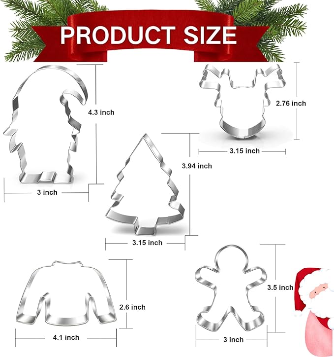 New Large Christmas Onament Cookie Cutter Set-5 Pieces-Christmas Tree, Gnome, gingerbread man, Ugly Sweater and reindeer -Holiday Cookie Cutters Fondant Biscui Cutters