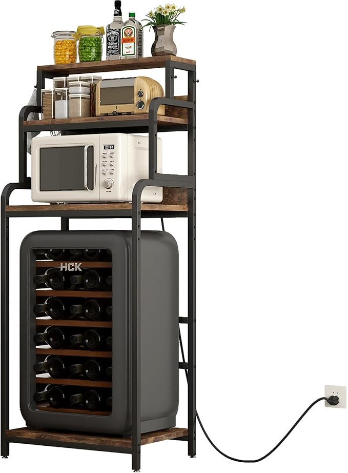Bakers Rack with 4-Tier Mini Adjustable Shelves and Power Outlet, Heavy-Duty Metal Frame Kitchen Shelf Organizer, Mini Fridge & Microwave Stand for Kitchen, Dorm, Living Room, Walnut Brown