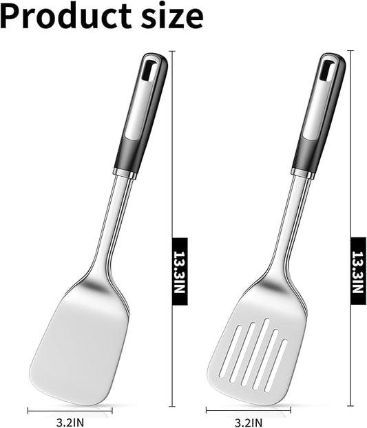 Stainless Steel Spatula Set, 2 Piece Heavy Duty Metal Turner Set, Thickened Solid & Slotted Spatula for Cooking, Heat Resistant Kitchen Utensils for Frying Fish, Eggs, Steak or Pancakes