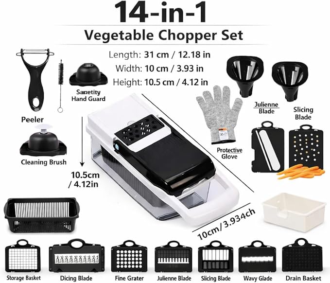 14-in-1 Vegetable Chopper with Container, Onion Chopper Dicer, ABS Multi-Function Vegetable Chopper, Multifunction Vegetable Cutter Slicer, Manual Food Chopper Kitchen Gadget,