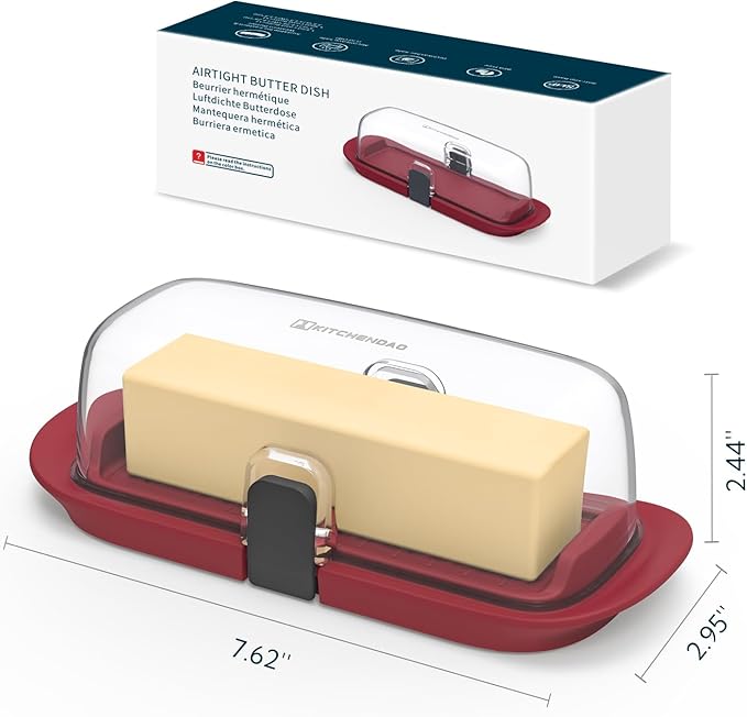 KITCHENDAO One-handed Airtight Butter Dish with Lid for Countertop and Refrigerator Door Shelf, Butter Holder with One Press to Open/Close Secure Latching Buckle for West/East Coast Butter (Red)
