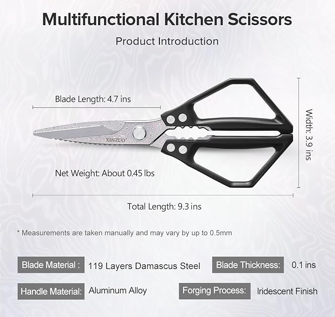 XINZUO Multi-Purpose Kitchen Shear,119 Layers Damascus Steel Heavy Duty Kitchen Scissors(Food-Grade Lridescent Finish), For Meat/Herbs/Poultry,With Black Aluminum Alloy Handle