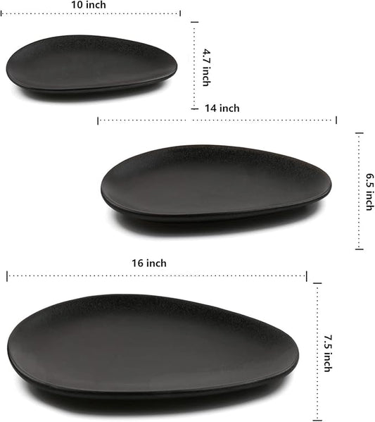 vicrays Large Oval Serving Platters, 16"/14"/10" Porcelain Serving Platters for Party, BBQ,Stackable Serving Trays Serving Plates for Appetizers, Sushi, Restaurant, Set of 3 (Black)`