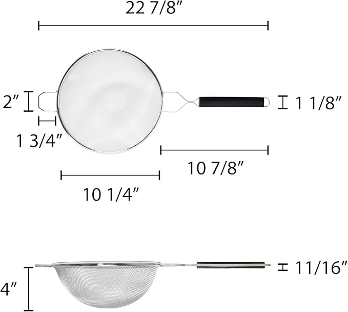 TrueCraftware- 10-Inch Single Medium Mesh Strainer Stainless Steel 10-3/4" Handle Length Black Plastic Handle- Kitchen Utensil Food Strainer Skimmer Spoon for Cooking Sieve Sifters Pasta Fruits