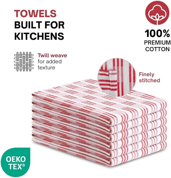 Kitchen Towel Set of 6-100% Cotton Quick-Drying & Absorbent Dish Cloths - 18x28 Inch Farmhouse Tea Towels with Maroon Stripes, Twill Weave