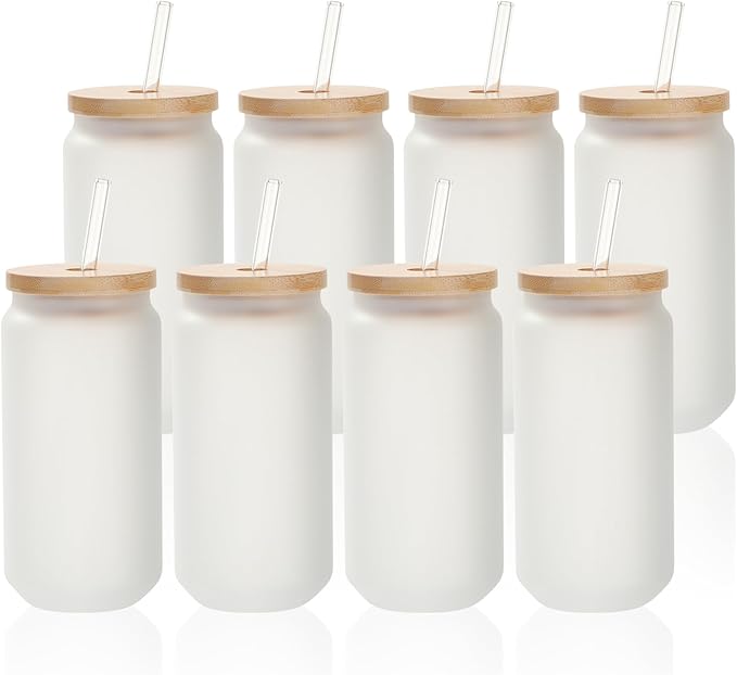 PYD Life 8 Pack Sublimation Glass Cans Blanks Frosted Bulk18 OZ with Bamboo Lid and Clear Glass Straw Beer Cans Wide Mouth Jar Tumbler Cups Mugs for Iced Coffee,Juice,Soda,Drinks,Beer