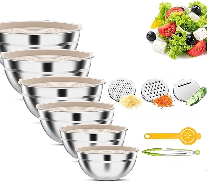 Thsinde Stainless Steel Mixing Bowls with Lids, 6-Piece Set (7 to 1-QT) Non-Slip Colorful Bottoms for Mixing, Serving & Food Prep