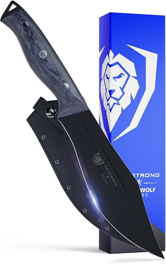 Dalstrong Barong Chef Knife - 7 inch - Delta Wolf Series Knife - Ultra-Thin & Zero Friction Blade - HC 9CR18MOV Steel Kitchen Knife - Black Titanium Nitride Coating - G10 Camo Handle - Leather Sheath