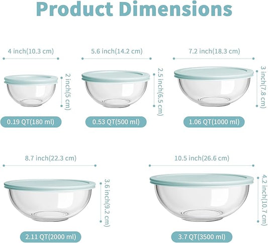 WhiteRhino Glass Mixing Bowl with Lids Set of 5, 0.2, 0.5, 1.1, 2.1, 3.75 QT, Large Salad Bowls with BPA-Free Lids, Space-Saving Nesting Bowls for Kitchen Food Storage, Glass bowl for Cooking, Baking