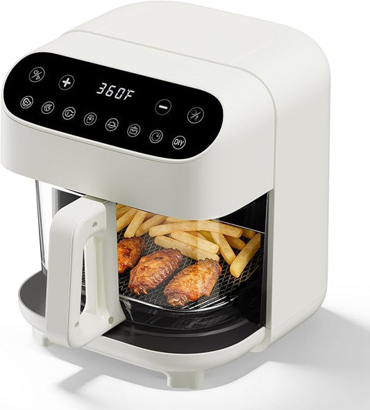 Havato 5 Quart Glass Air Fryer, Non-Toxic High Borosilicate Glass Basket with No Coating, Air Fryer Oven with 8 Preset Modes, PTFE/PFAS Free, Visible Window, Dishwasher Safe, White