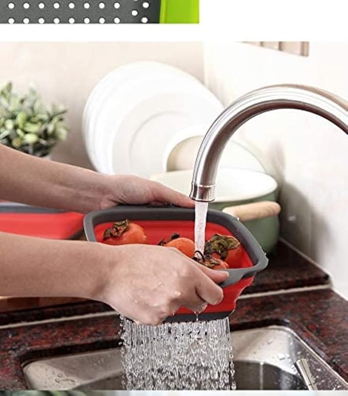 Collapsible Colander, 2 Pcs Red Silicone Kitchen Strainer for Draining Pasta, Vegetable and Fruit with Extendable Handles & Dishwasher-Safe by Polerce