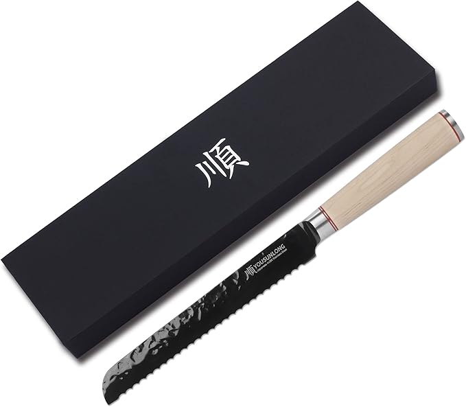 YOUSUNLONG Bread Knife 8 Inch Serated Knife - Japanese AUS8 Steel Black Titanium Coating Blade - Natural Canadian Maple Wood Handle - Bread Slicer Bread Knife For Homemade Bread
