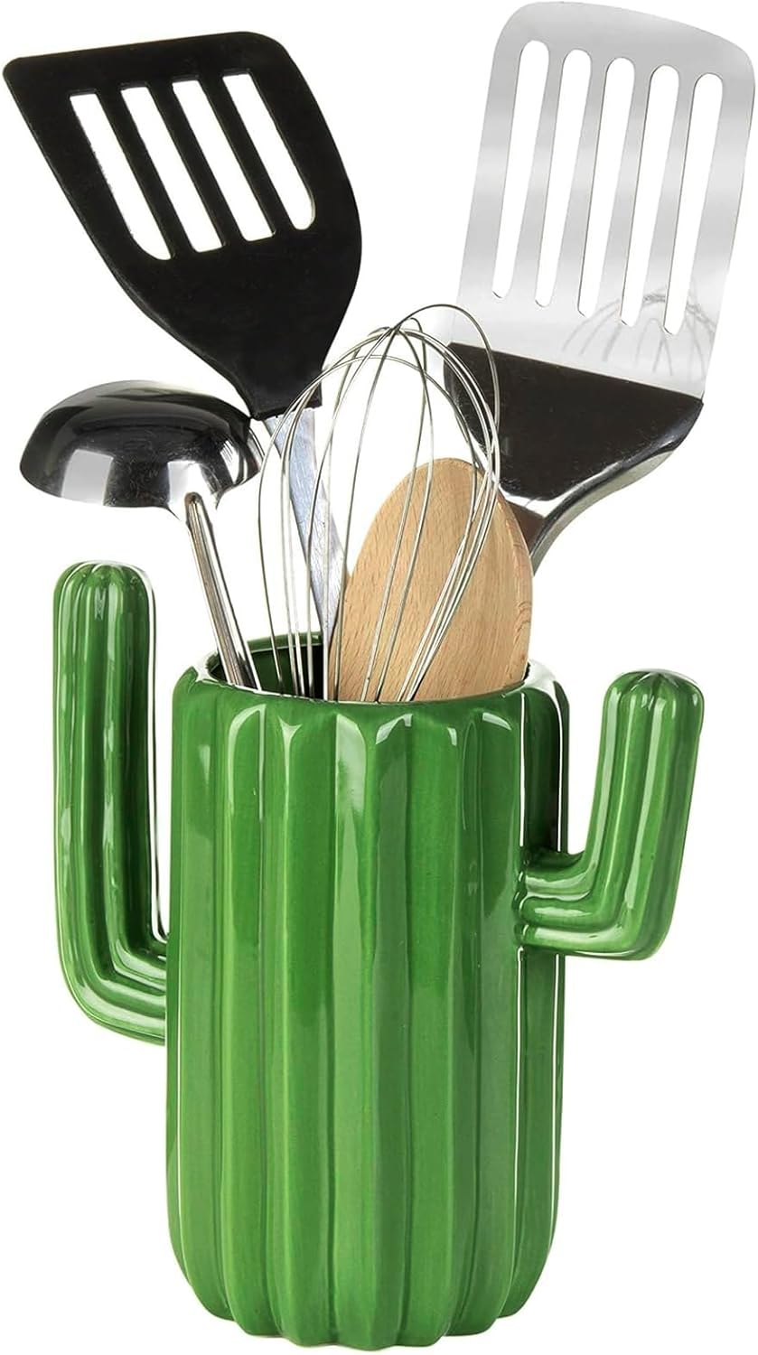 MyGift Ceramic Cactus Utensil Holder, Southwestern Green Countertop Crock – Durable Kitchen Organizer for Spoons, Paintbrushes, Desert & Cactus Home Decor
