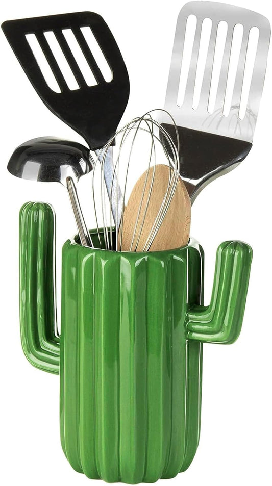 MyGift Ceramic Cactus Utensil Holder, Southwestern Green Countertop Crock – Durable Kitchen Organizer for Spoons, Paintbrushes, Desert & Cactus Home Decor