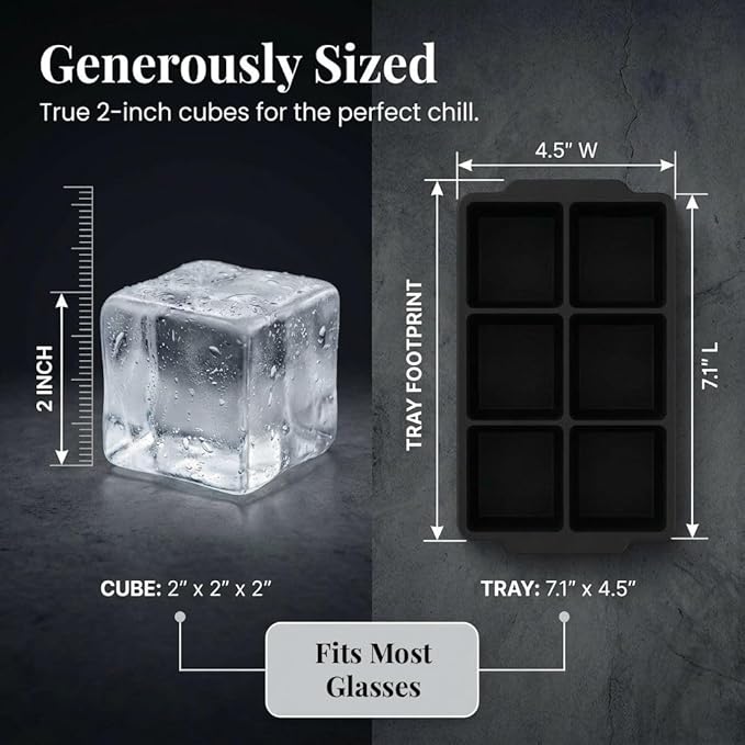 KitchFort Large Silicone Ice Cube Tray (3-Pack), Easy Release 2" Big Ice Cubes - Cocktail, Whiskey Ice Cubes Mold - Ice Trays for Freezer with Lid - Stackable Silicone Ice Tray - Black
