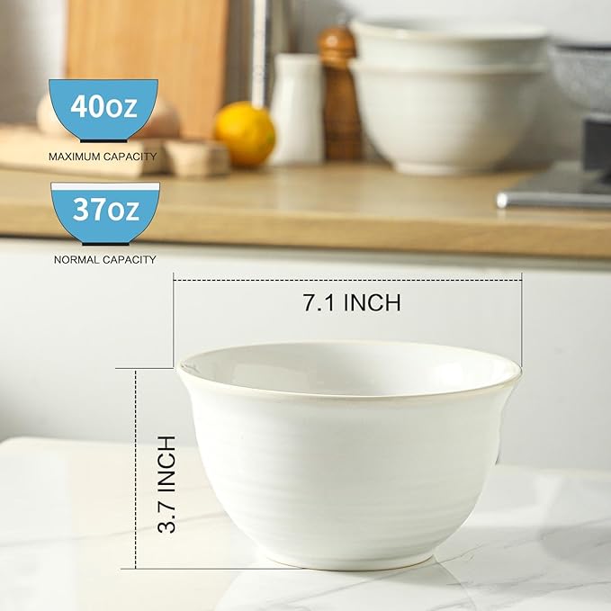 Soup Bowls, 40 Ounce Serving Bowls for Cereal Soup Salad Pasta Popcorn Oatmeal Breakfast, Durable Deep Ceramic Bowl Sets Suit For Housewarming, Microwave Safe & Dishwasher Safe, Arctic white