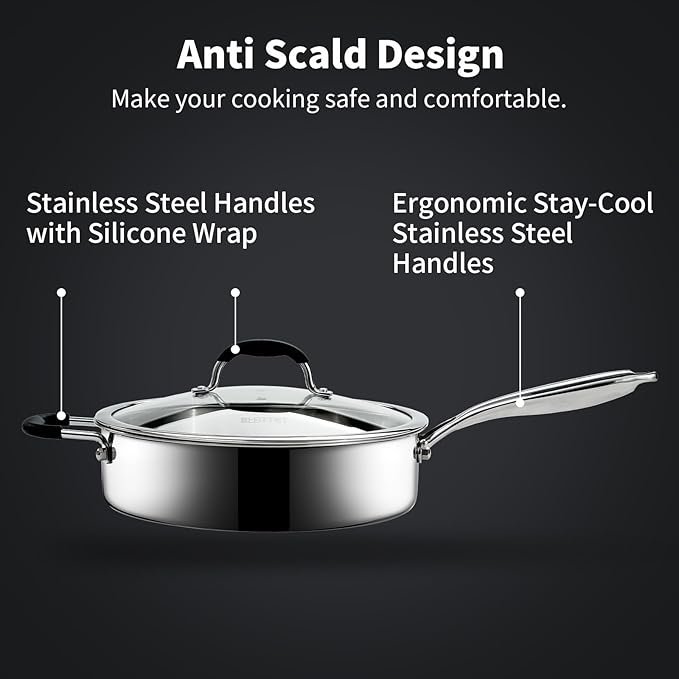 SLOTTET Tri-Ply Stainless Steel Saute Pan with Lid, 5 Quart Deep Sauté Pan with Stay Cool Handle,11.5 Inch Frying Pan,Dishwasher and Oven Safe,Induction Stainless Steel Cookware
