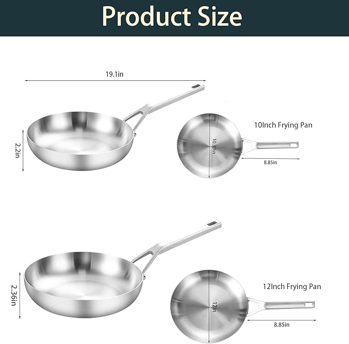 Yeksum Tri-Ply Stainless Steel Pan Set, 10" & 12" Frying Pans with Lids, 2 Piece Set, Fully Bonded, Oven & Dishwasher Safe, Compatible with All Cooktops Up to 550F