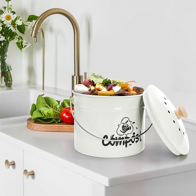 Small Kitchen Compost Bin, 1 Gallon Odorless Composter Container, Food Waste Bucket with Charcoal Filter Lid, Indoor Farmhouse Composting Pail Canister for Trash Scraps, Carrying Handle