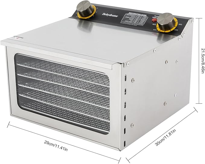 110V/60Hz Stainless Steel Food Drying Machine, 400W Silver Food Drying Machine for Home Use Countertop Food Dehydrator Modern Rectangular Temperature Range 30-90℃/86-194℉ 6 Grid Tray