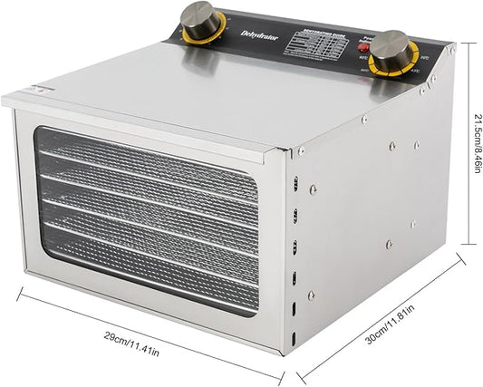 110V/60Hz Stainless Steel Food Drying Machine, 400W Silver Food Drying Machine for Home Use Countertop Food Dehydrator Modern Rectangular Temperature Range 30-90℃/86-194℉ 6 Grid Tray