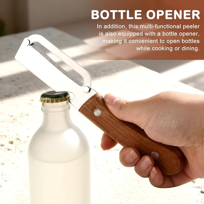 2 Pcs Vegetable Peelers with Bottle Opener,No n-Slip Wooden Handle,Stainless Steel Potato Peeler, for Paring Fruits and Veggies like Potato, Apple, Carrot, Mango, Lemon, and Sugarcane