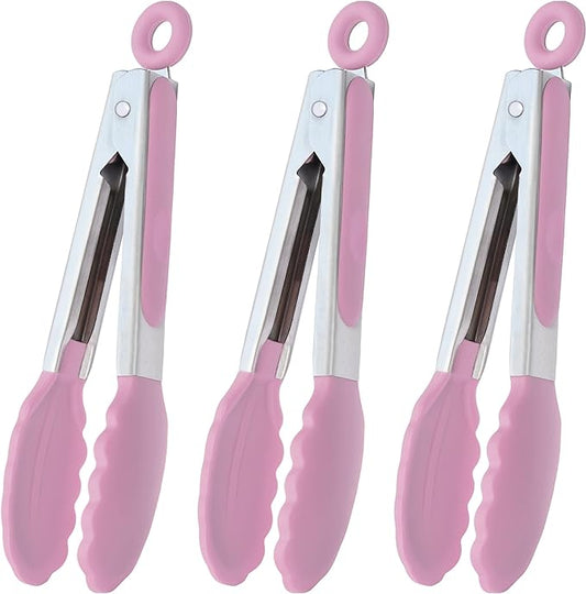Small Serving Tongs with Silicone Tips 7-Inch Mini Tongs, Set of 3 (Pink)
