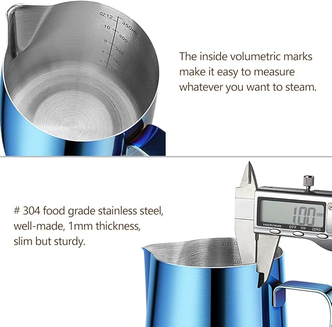 HOOMIL Milk Frothing Pitcher, 12oz/20oz/32oz Stainless Steel Steaming Pitcher Barista Milk Frother Cup Jug for Espresso Machine Coffee Cappuccino Latte Art - 12oz, Blue