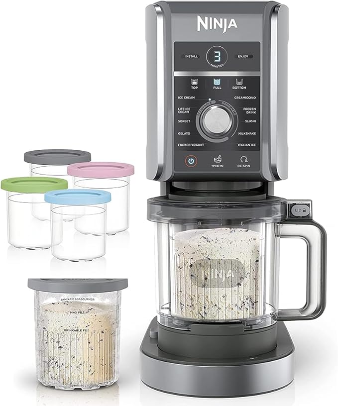 Ninja NC501 CREAMi Deluxe 11-in-1 XL Ice Cream Maker Silver (Renewed) Bundle with Deco Essentials 6 Pack of Pints and Lids for Ninja Creami