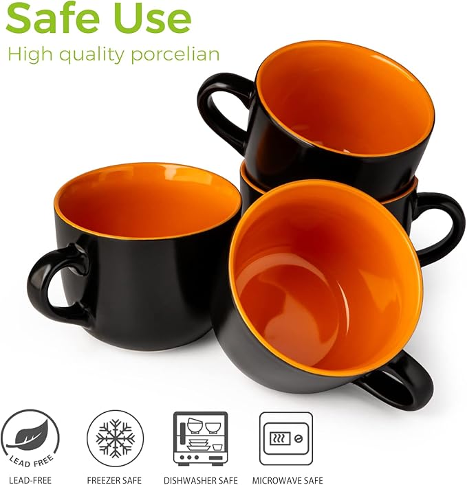 GBhome Jumbo Soup Mugs with Handles, 24 Oz Large Coffee Mugs Set of 4, Ceramic Soup bowls for Coffee,Cereal,Snacks,Salad,Noodles etc Soup Cups,Microwave&Dishwasher safe-Orange Inside