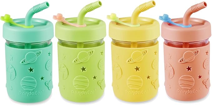 PandaEar Kids & Toddler Glass Cups, 4 Pack Glass Mason Jar Cups 8.45 oz with Silicone Sleeves & Straws, Toddler Spill-Proof Smoothie & Snack Cups