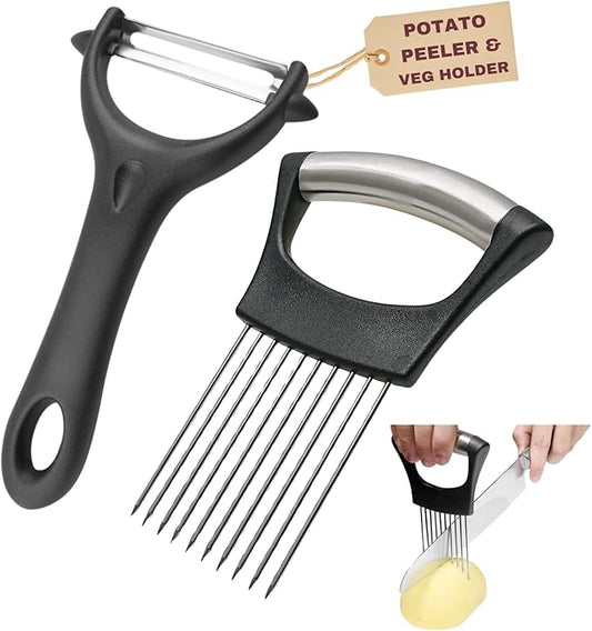Potato Peelers for Kitchen – Stainless Steel Potato Slicing Guide with Safety Handle + Dual Blade Peeler for Easy Food Prep – Perfect for Onions, Tomatoes, Potatoes, and More