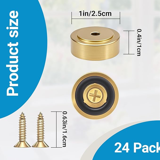24 Pack Brass Cutting Board Feet with Non Slip Pads,Rubber Feet for Cutting Board,1 Inch Rubber Feet Solid Brass (24, 1 inch)