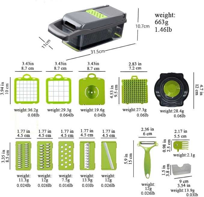 15-in-1 Vegetable Chopper with Storage Container, Gray Green, Multi-Blade Food Slicer, Dicer, Grater Set, 10x4x4 Inch, Kitchen Mandoline for Onion, Garlic