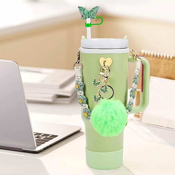 Accessories Set Including Water Bottle Handle Strap, Silicone Boot, Resin Butterfly Straw Cover, Straw Topper, Lip Balm Sleeve, Butterfly & Hairball Charms for Stanley Cup Tumbler