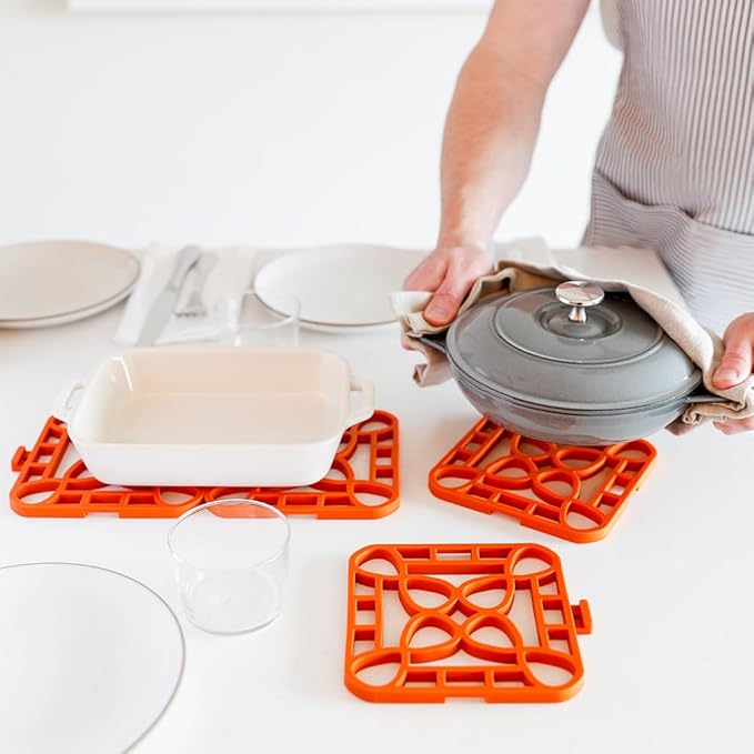 Capabunga 4-Pack Trivets for Hot Dishes - Orange Interlocking Hot Pads for Kitchen, Coffee Bar Essentials, Silicone Mats for Kitchen Counter, Heat Resistant Silicone Trivets for Pots and Pans