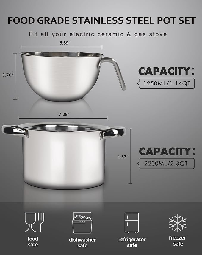 Double Boiler Pot Set,1250ML/1.1QT Mixing Bowl for Chocolate Melting, 2200ML/ 2QT 304 Stainless Steel Pot With Silicone Spatula for Melting Chocolate, Candy, Candle, Soap, Wax