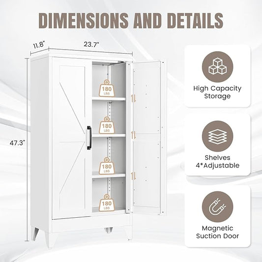 Yizosh Metal Storage Cabinet with 2 Doors and 3 Adjustable Shelves - 47" White Kitchen Pantry Storage Cabinet Locker for Kitchen,Living Room,Dining Room