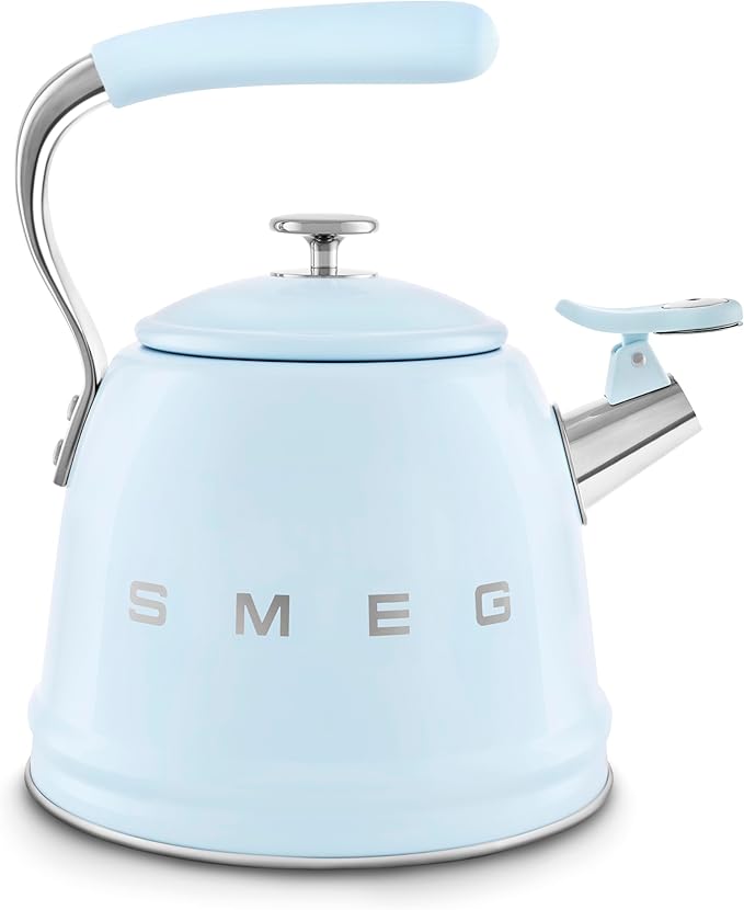 SMEG Stovetop Whistling Kettle – 50s Retro Style, 2.3 Liter (10 Cup / 2.4 Quart) Stainless Steel Tea Kettle with Iconic Design & Whistle – Premium Kitchen Statement Piece-Pastel Blue