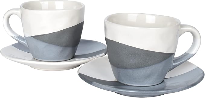 Bosmarlin Stoneware Coffee Cup Mug and Saucer Set of 2 for Latte, Cappuccino, Tea, 9 Oz, Dishwasher and Microwave Safe (Grey, 2)